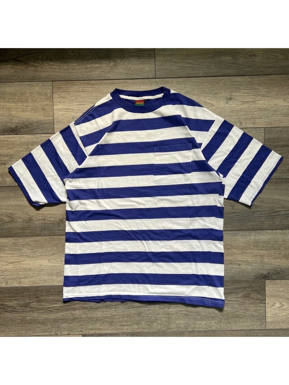 Vintage Oakton Limited Men's L Tall Striped Pocket Tee Shirt Blue White USA